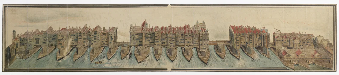 Oude London Bridge rond 1600, gekopieerd door W. Griggs in 1881 van een tekening in de Pepys-collectie, in Magdalene College, Cambridge